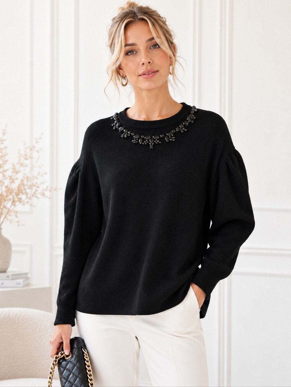 Simply Vera Vera Wang Black Embellished Puff Sleeve Sweater Medium Beaded Knit T